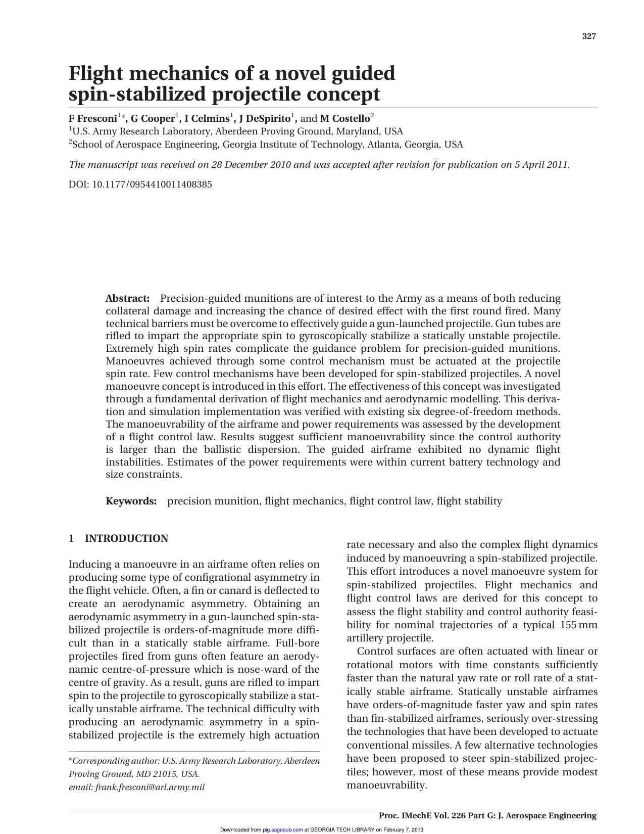 Flight mechanics of a novel guided spin-stabilized projectile concept by Fresconi F. Cooper G. Celmins I. De Spirito J. Costello M