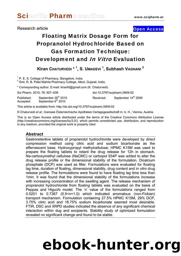 Floating Matrix Dosage Form for Propranolol Hydrochloride Based on Gas Formation Technique: Development and In Vitro Evaluation by Kiran CHATURVEDI & S. UMADEVI & Subhash VAGHANI
