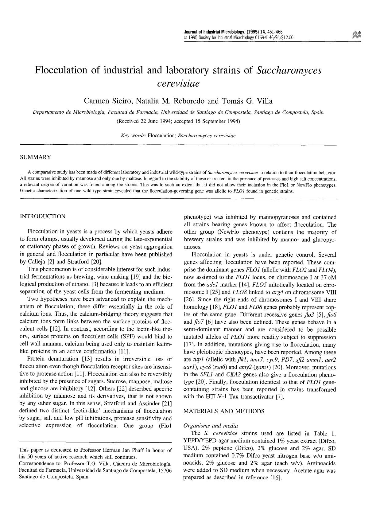 Flocculation of industrial and laboratory strains of <Emphasis Type="Italic">Saccharomyces cerevisiae <Emphasis> by Unknown
