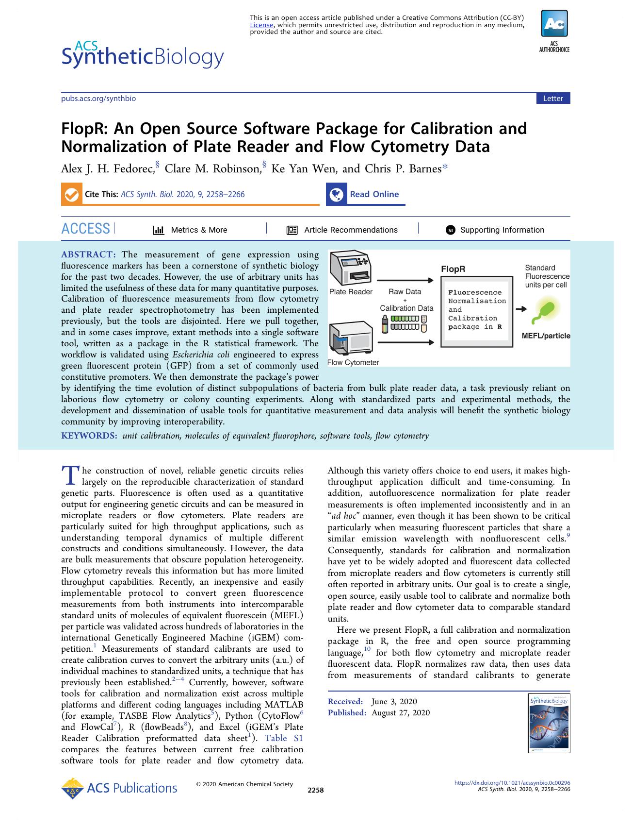 FlopR: An Open Source Software Package for Calibration and Normalization of Plate Reader and Flow Cytometry Data by Alex J. H. Fedorec Clare M. Robinson Ke Yan Wen and Chris P. Barnes