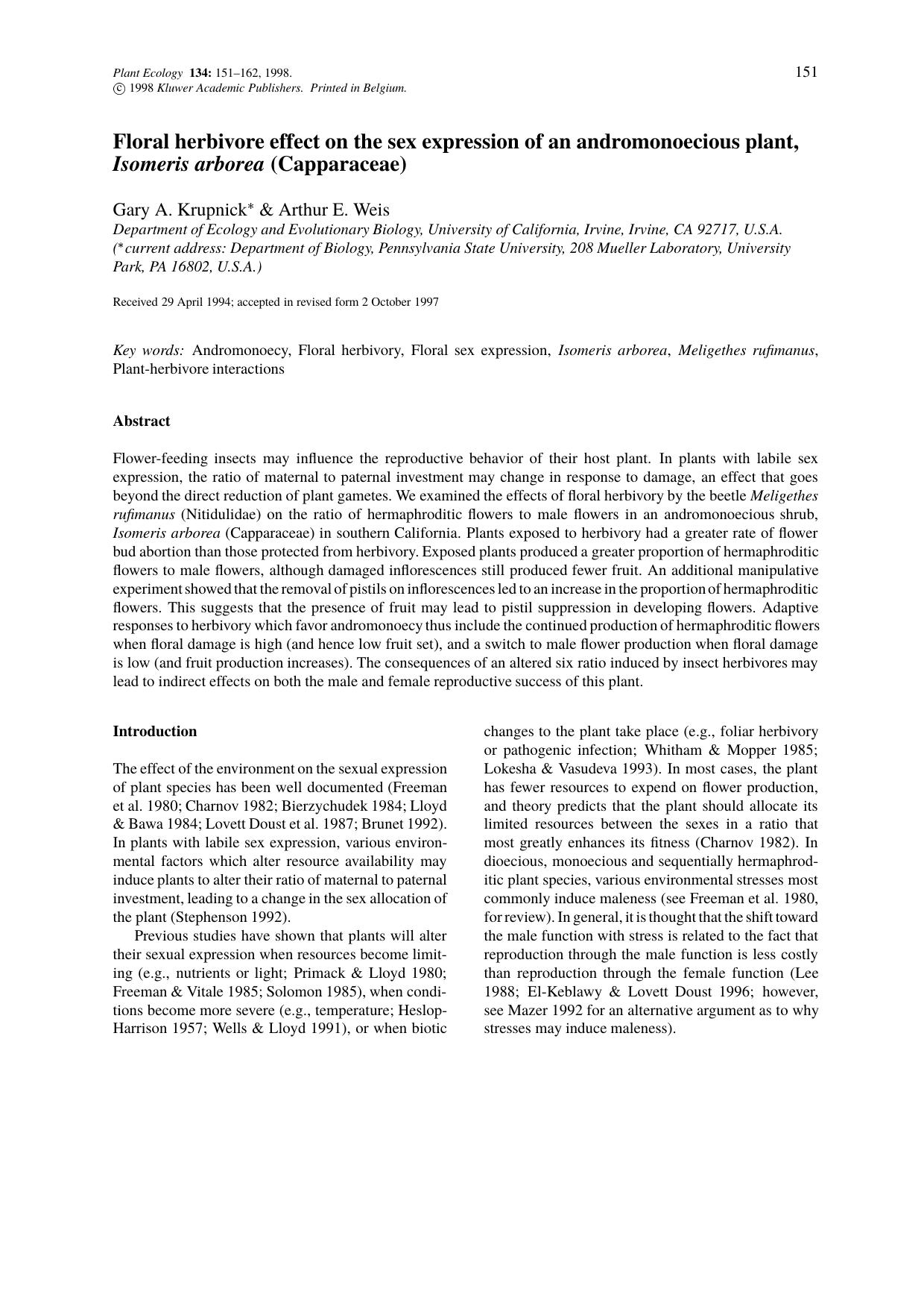 Floral herbivore effect on the sex expression of an andromonoecious plant, Isomeris arborea (Capparaceae) by Unknown