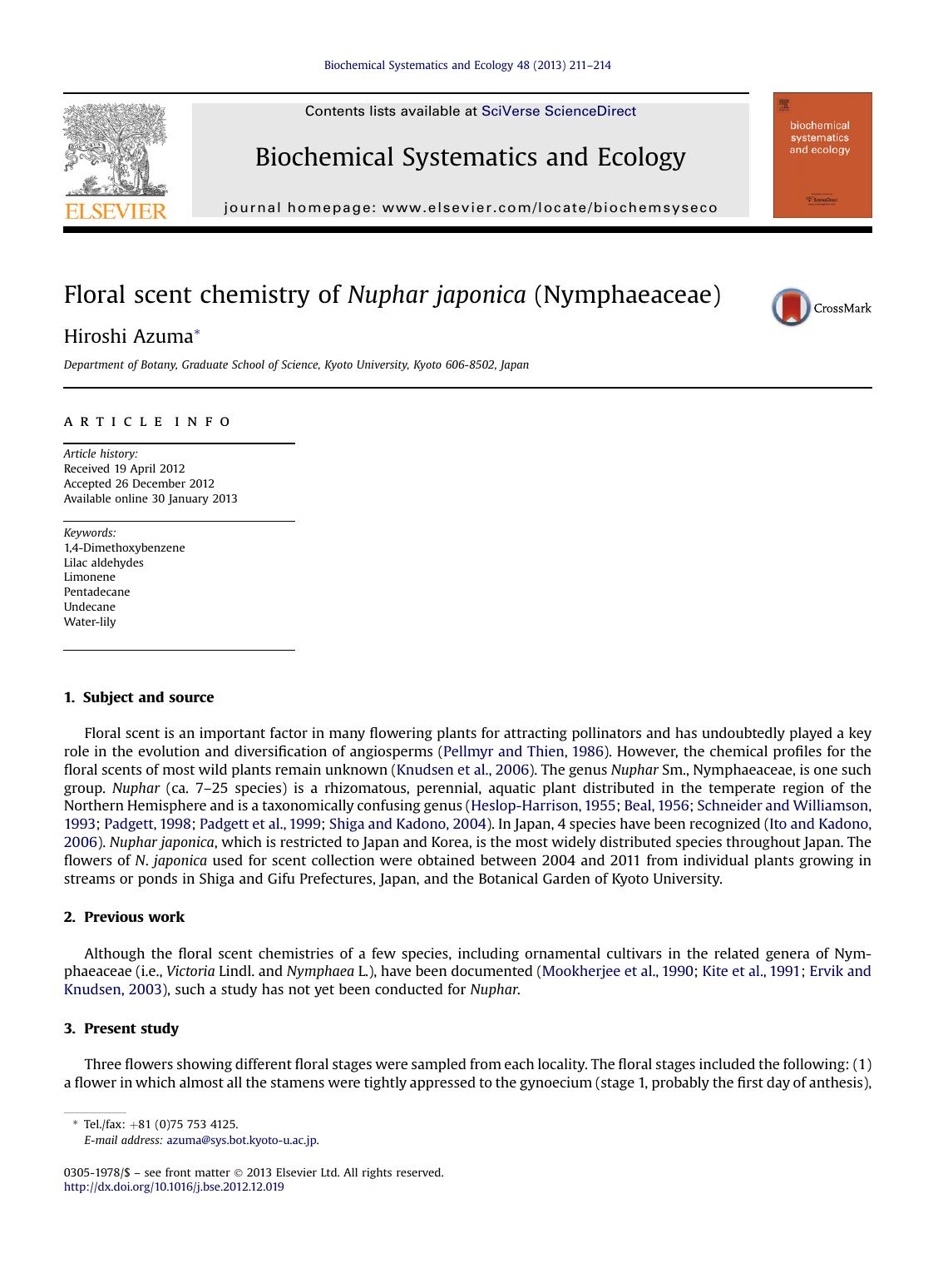 Floral scent chemistry of Nuphar japonica (Nymphaeaceae) by Hiroshi Azuma