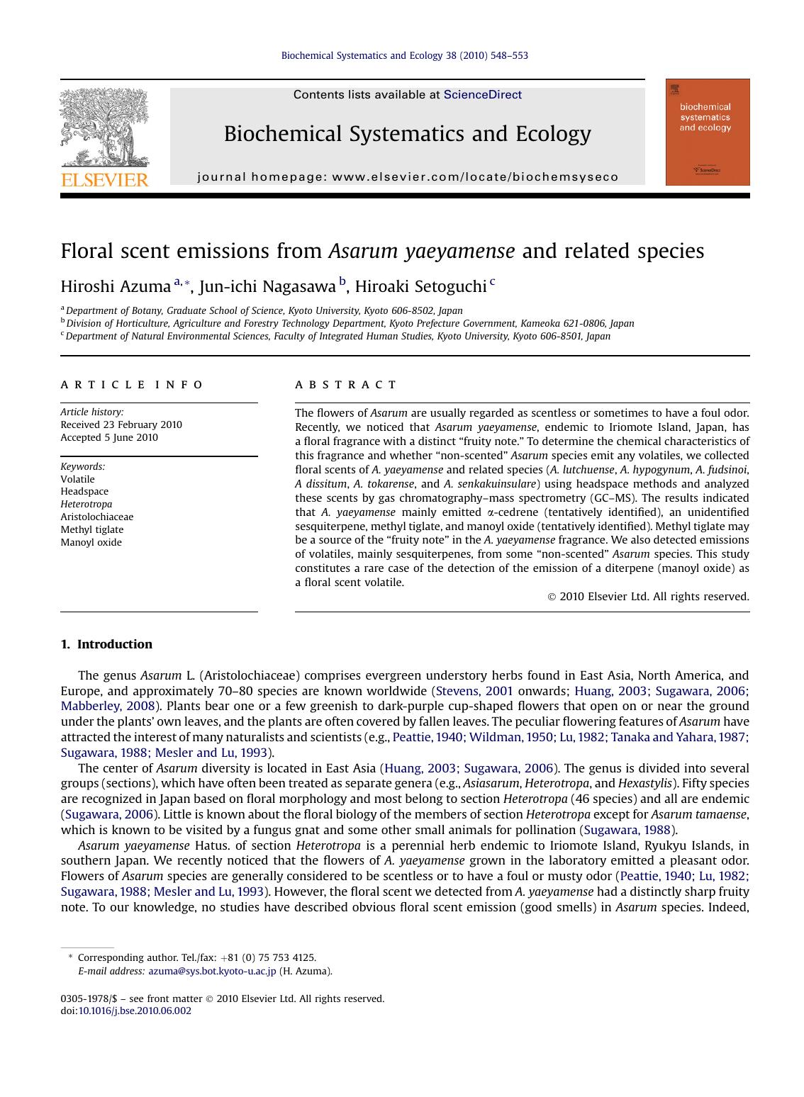 Floral scent emissions from Asarum yaeyamense and related species by Hiroshi Azuma & Jun-ichi Nagasawa & Hiroaki Setoguchi
