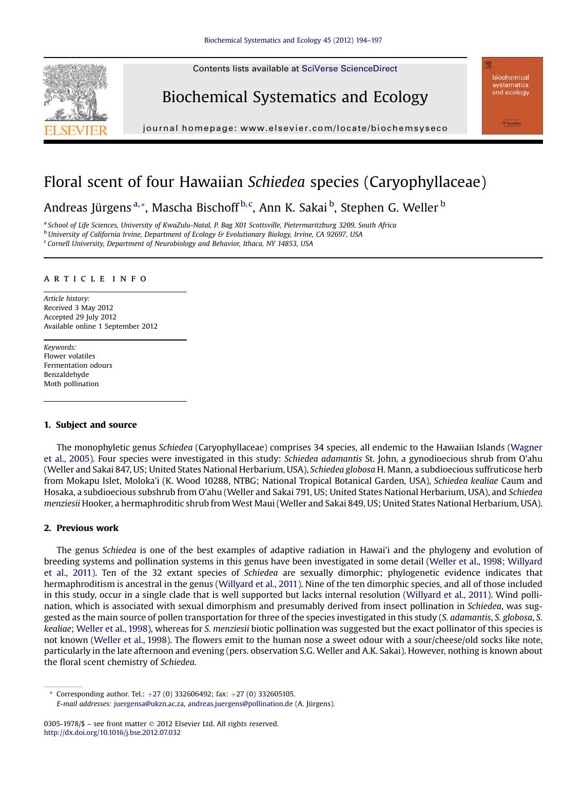 Floral scent of four Hawaiian Schiedea species (Caryophyllaceae) by Andreas Jürgens & Mascha Bischoff & Ann K. Sakai & Stephen G. Weller