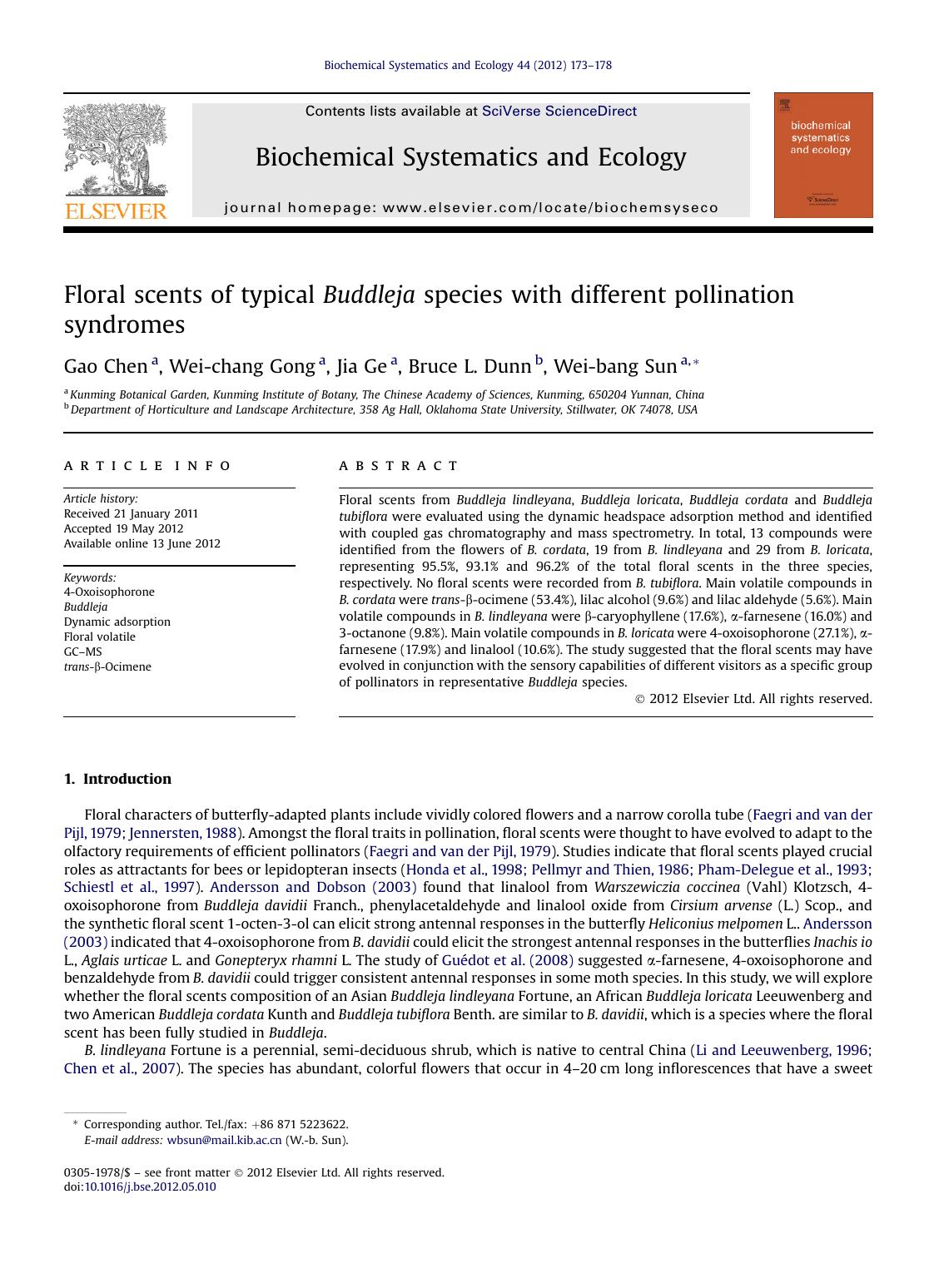 Floral scents of typical Buddleja species with different pollination syndromes by unknow