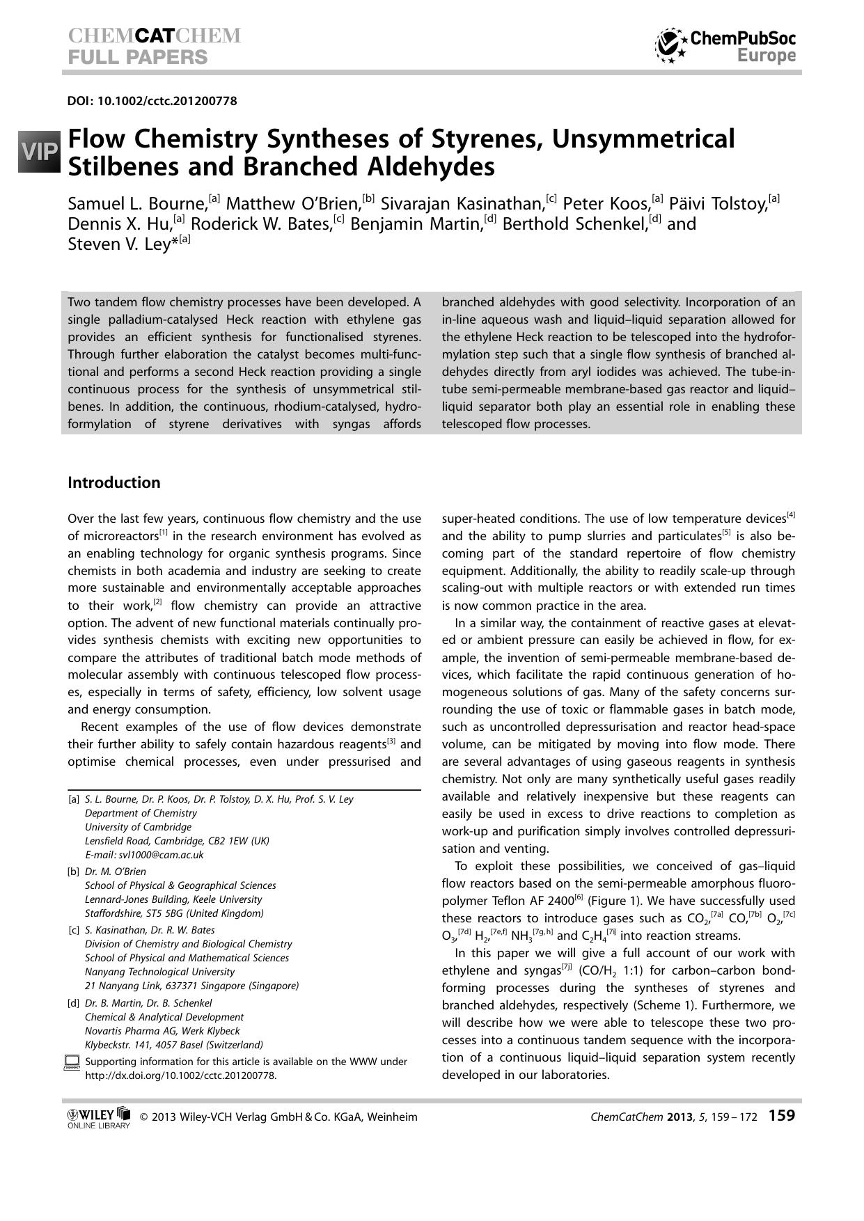 Flow Chemistry Syntheses of Styrenes, Unsymmetrical Stilbenes and Branched Aldehydes by Unknown