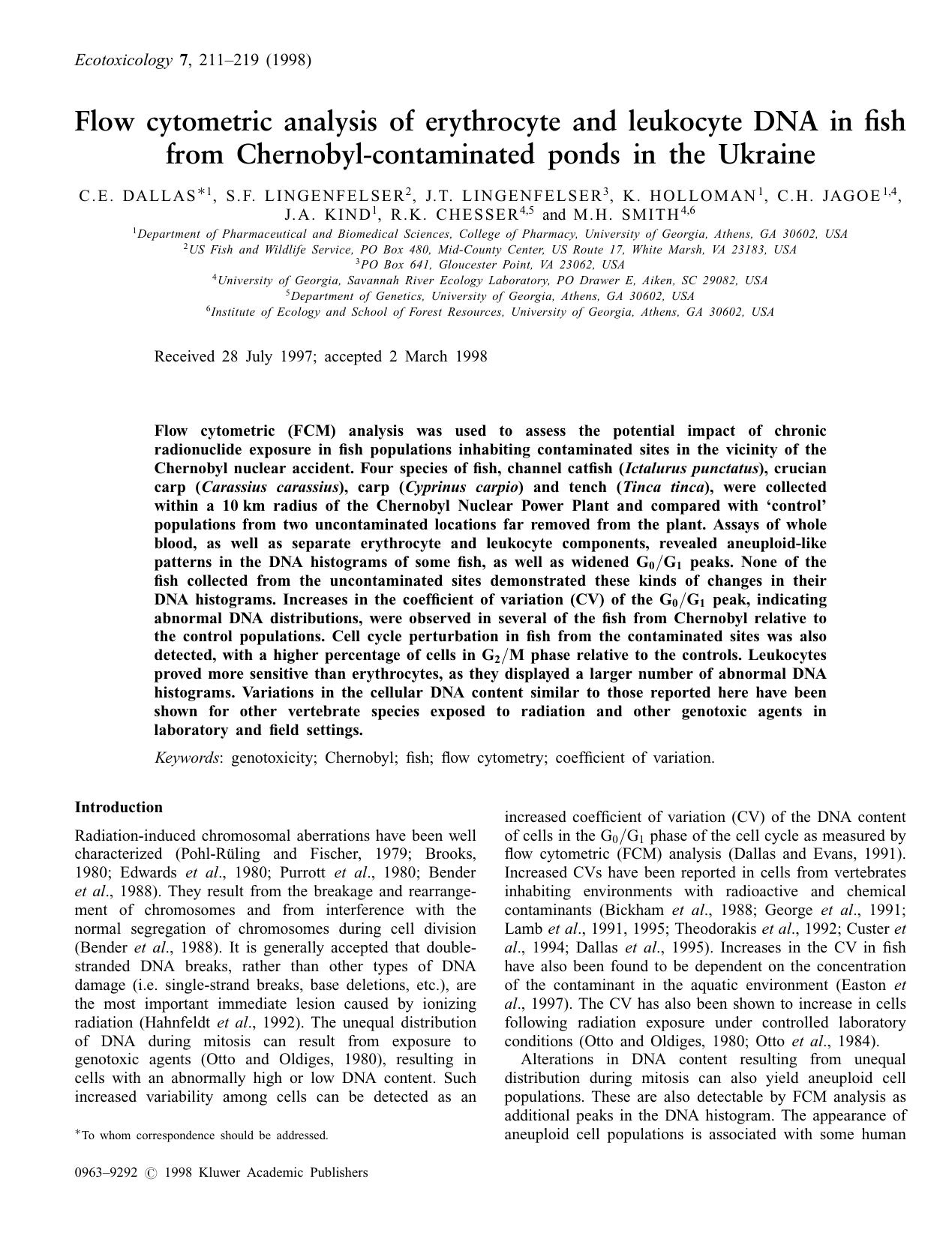 Flow Cytometric Analysis of Erythrocyte and Leukocyte DNA in Fish from Chernobyl-Contaminated ponds in the Ukraine by Unknown