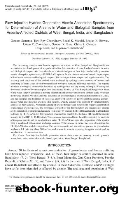 Flow Injection Hydride Generation Atomic Absorption Spectrometry for Determination of Arsenic in Water and Biological Samples from Arsenic-Affected Districts of West Bengal, India, and Bangladesh by Samanta G. et al