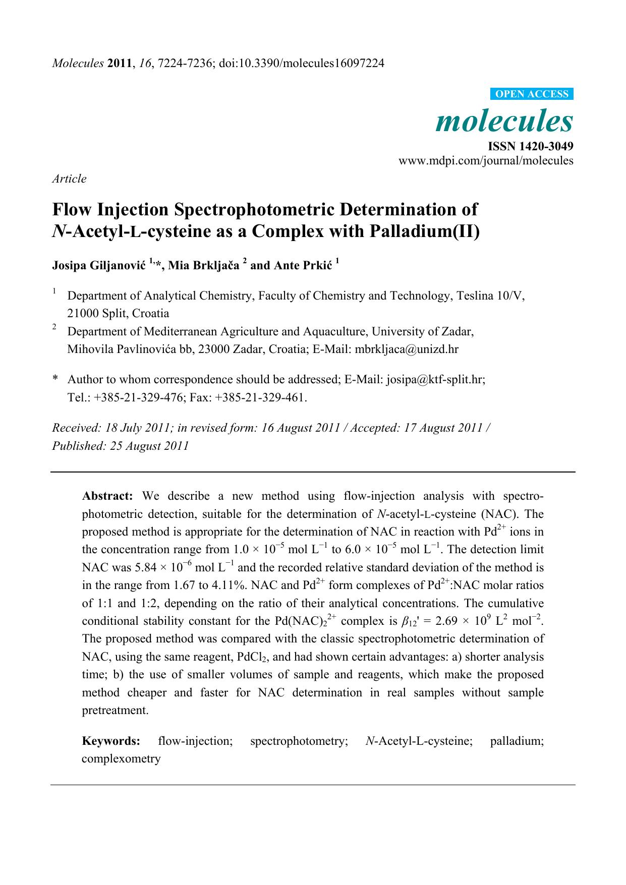 Flow Injection Spectrophotometric Determination of N-Acetyl-L-cysteine as a Complex with Palladium(II) by Josipa Giljanović & Mia Brkljača & Ante Prkić