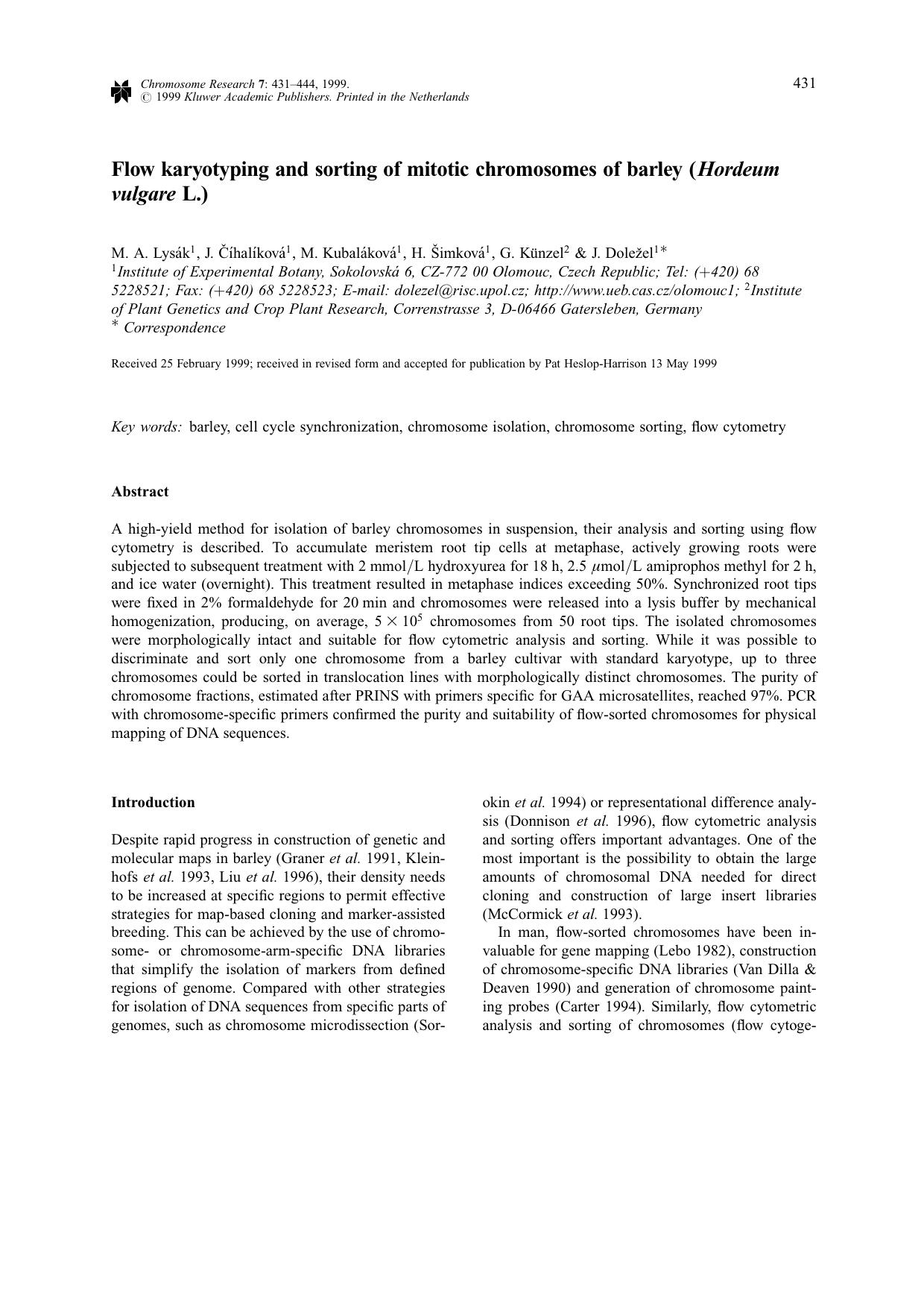 Flow Karyotyping and Sorting of Mitotic Chromosomes of Barley (Hordeum vulgare L.) by Unknown