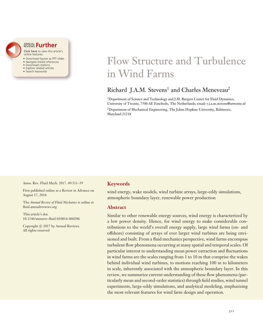 Flow Structure and Turbulence in Wind Farms by Richard J.A.M. Stevens and Charles Meneveau