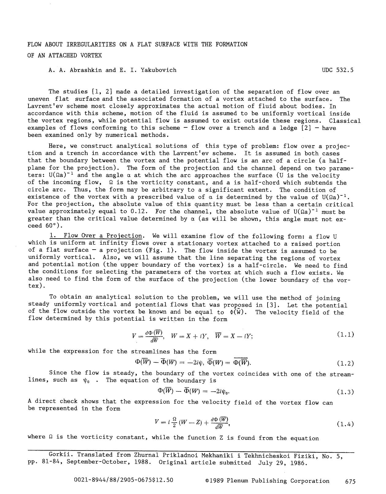 Flow about irregularities on a flat surface with the formation of an attached vortex by Unknown