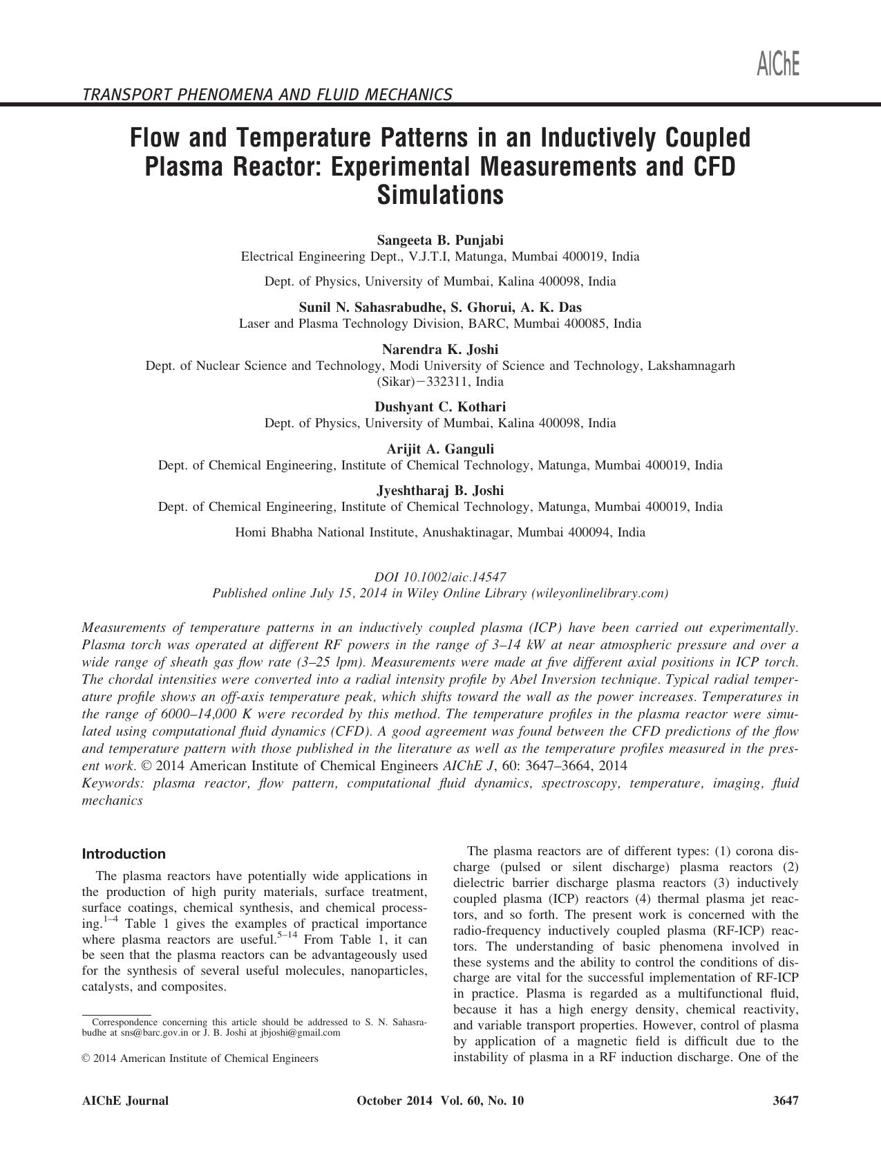 Flow and temperature patterns in an inductively coupled plasma reactor: Experimental measurements and CFD simulations by Unknown