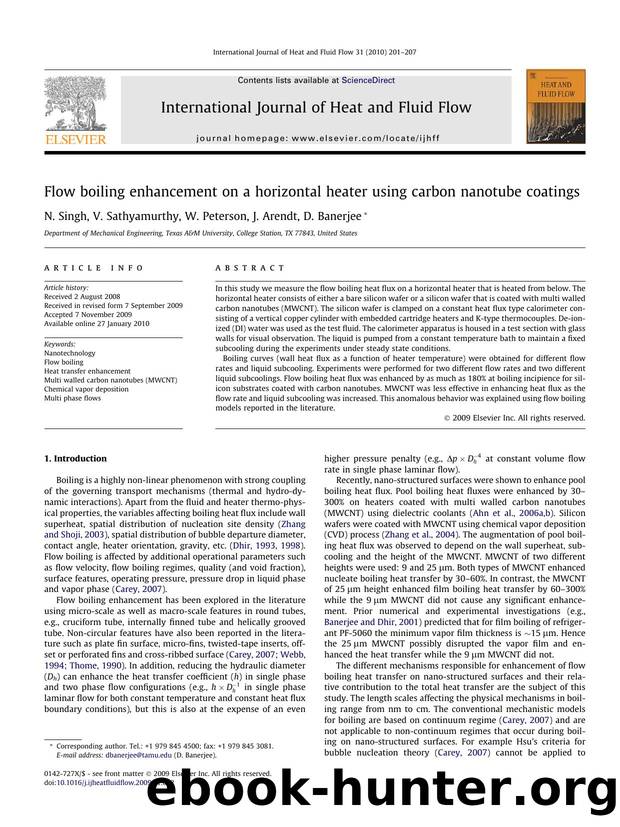 Flow boiling enhancement on a horizontal heater using carbon nanotube coatings by N. Singh; V. Sathyamurthy; W. Peterson; J. Arendt; D. Banerjee