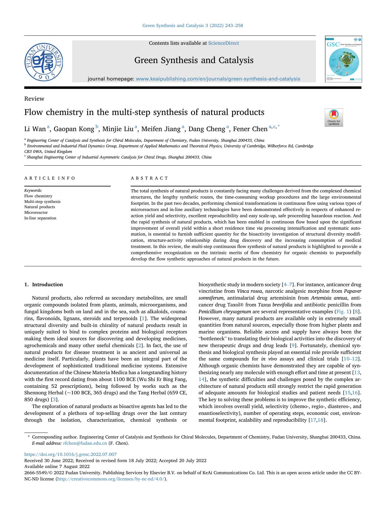 Flow chemistry in the multi-step synthesis of natural products by Li Wan & Gaopan Kong & Minjie Liu & Meifen Jiang & Dang Cheng & Fener Chen