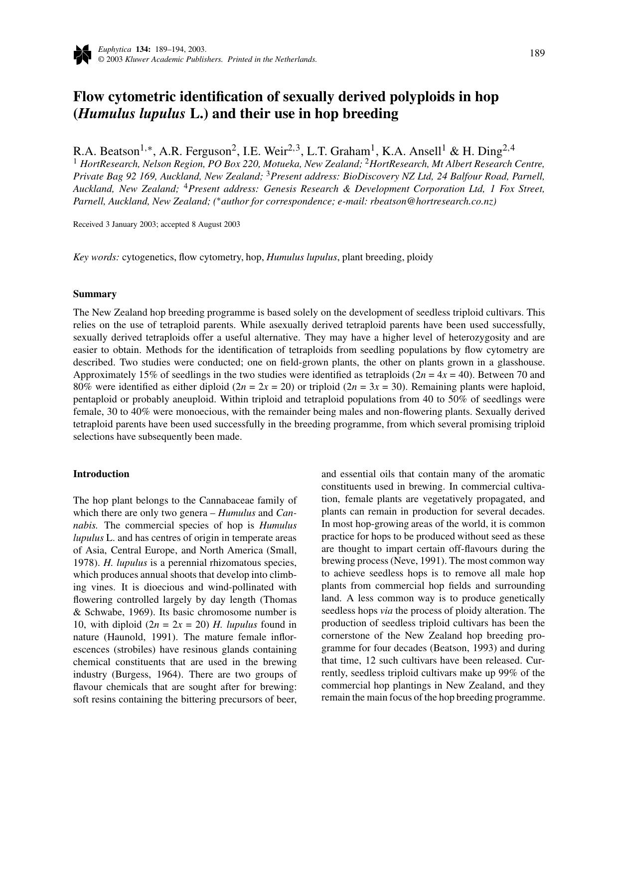 Flow cytometric identification of sexually derived polyploids in hop (<Emphasis Type="Italic">Humulus lupulus<Emphasis> L.) and their use in hop breeding by Unknown