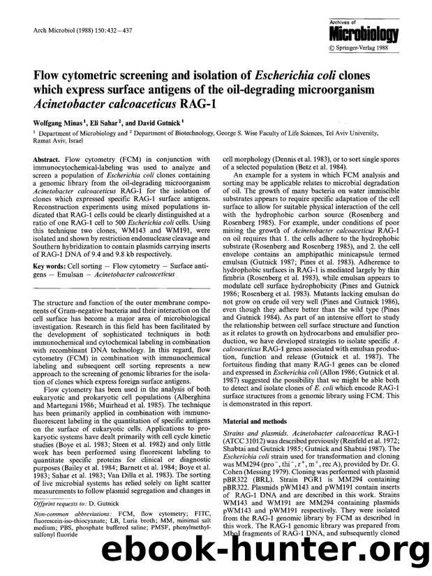 Flow cytometric screening and isolation of <Emphasis Type="Italic">Escherichia coli<Emphasis> clones which express surface antigens of the oil-degrading microorganism <Emphasis Typ by Unknown