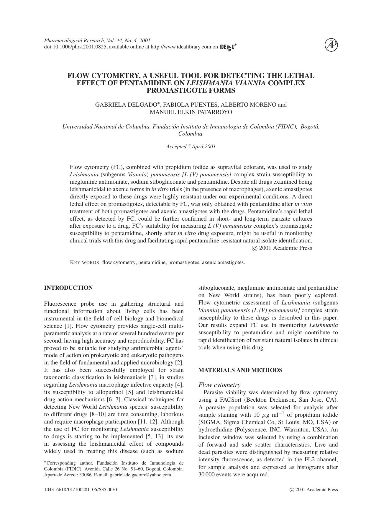 Flow cytometry, a useful tool for detecting the lethal effect of pentamidine on leishmania viannia complex promastigote forms by D. Delgado et al