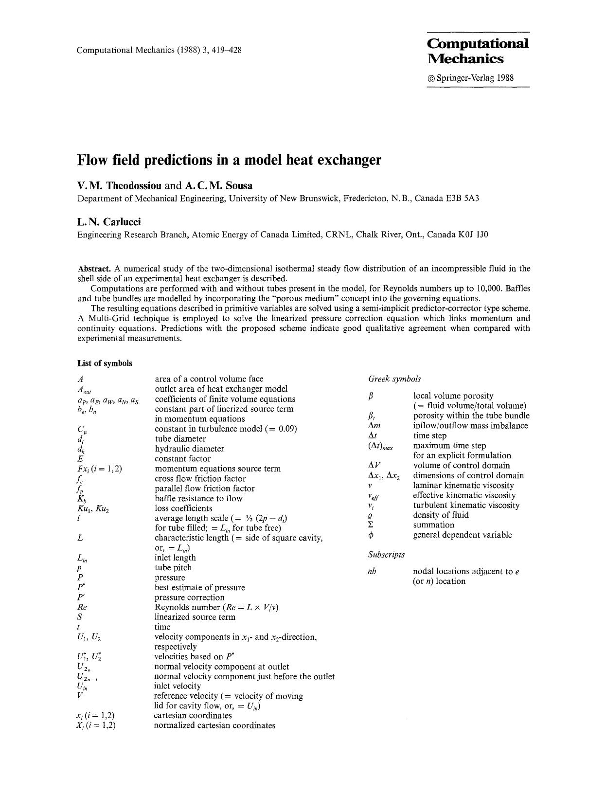Flow field predictions in a model heat exchanger by Unknown