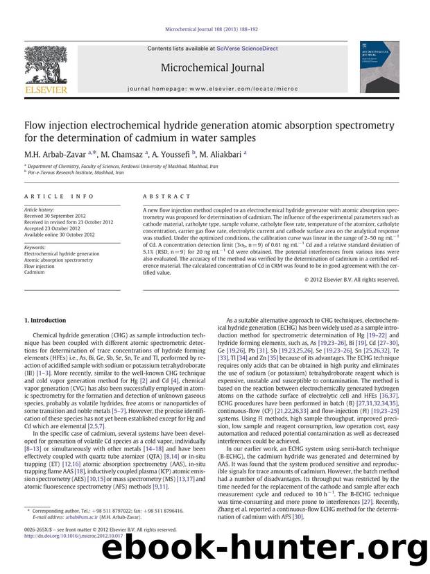 Flow injection electrochemical hydride generation atomic absorption spectrometry for the determination of cadmium in water samples by M.H. Arbab-Zavar & M. Chamsaz & A. Youssefi & M. Aliakbari