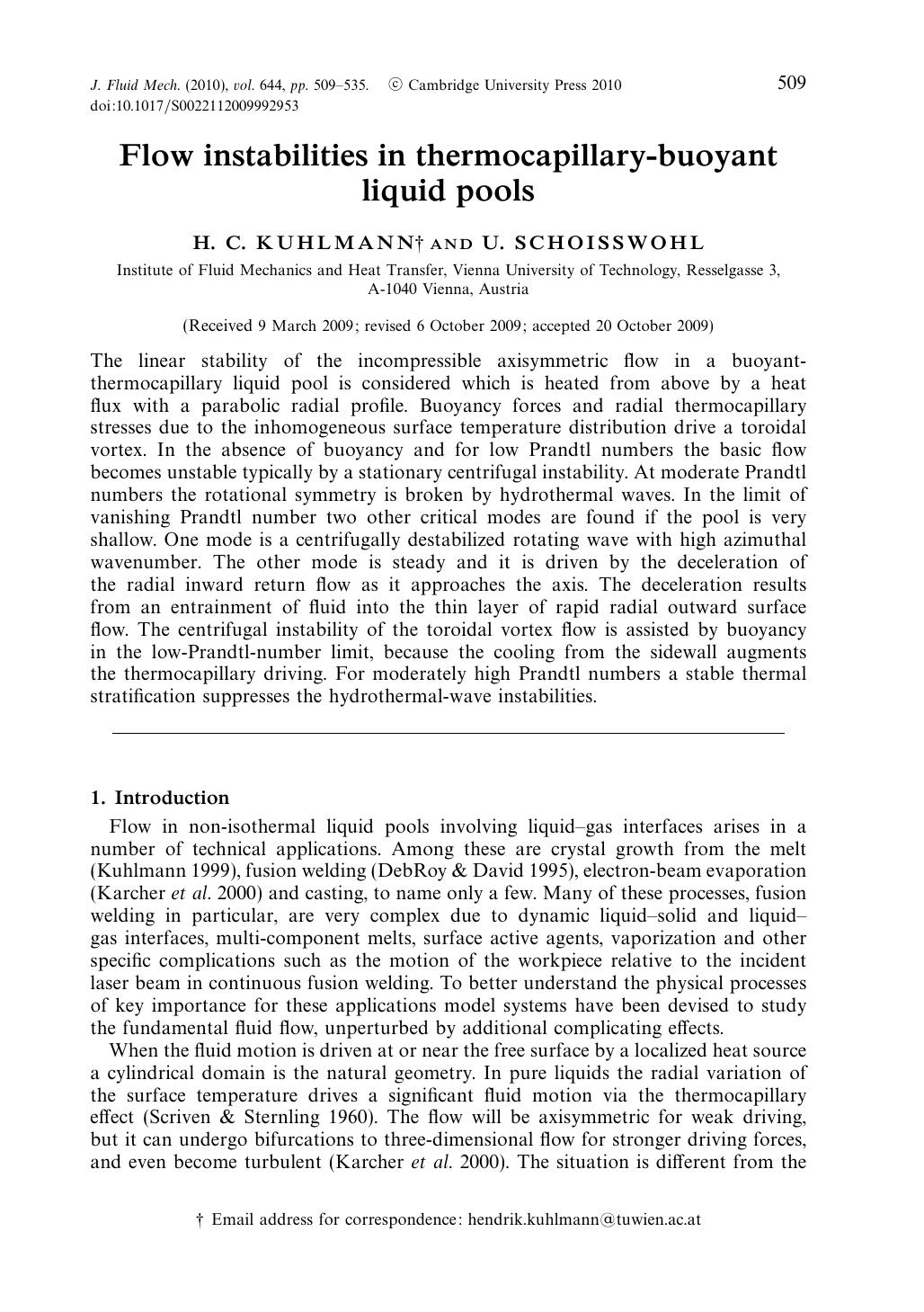 Flow instabilities in thermocapillary-buoyant liquid pools by H. C. KUHLMANN U. SCHOISSWOHL