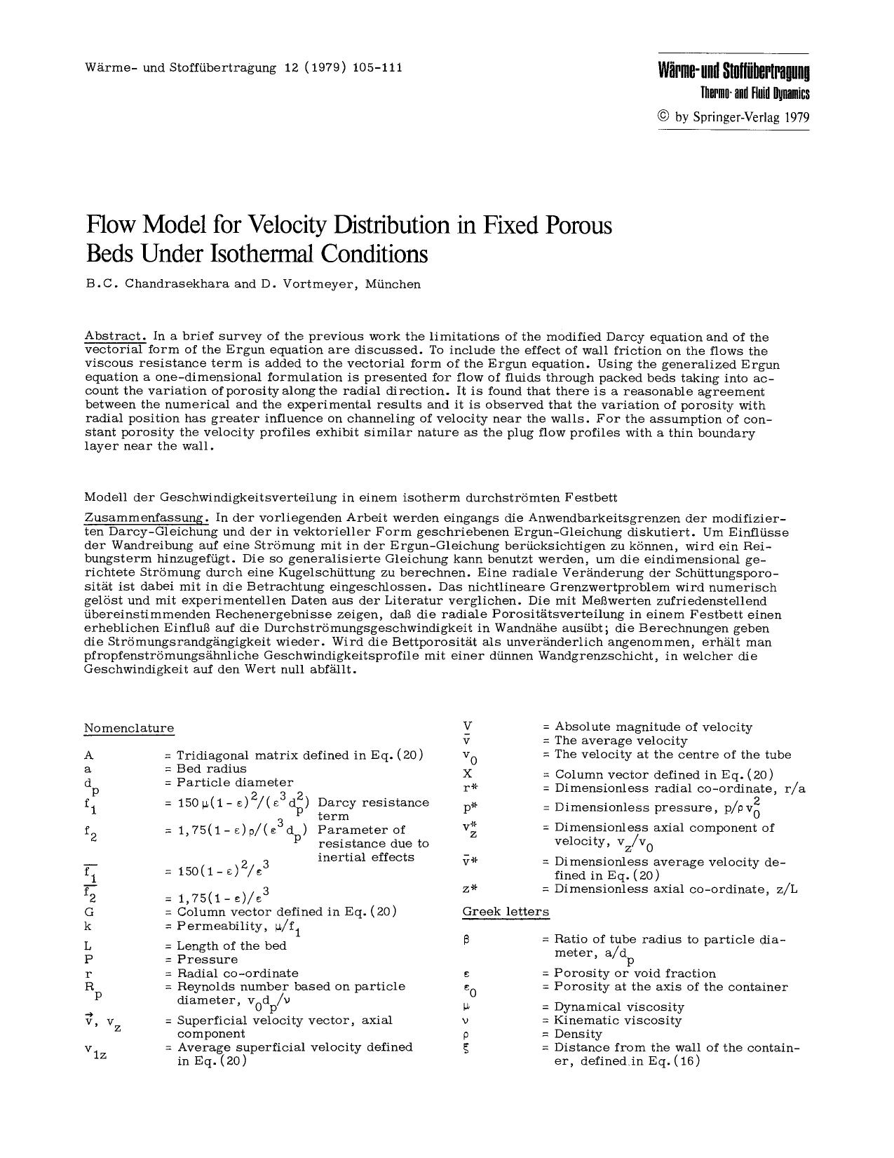 Flow model for velocity distribution in fixed porous beds under isothermal conditions by Unknown