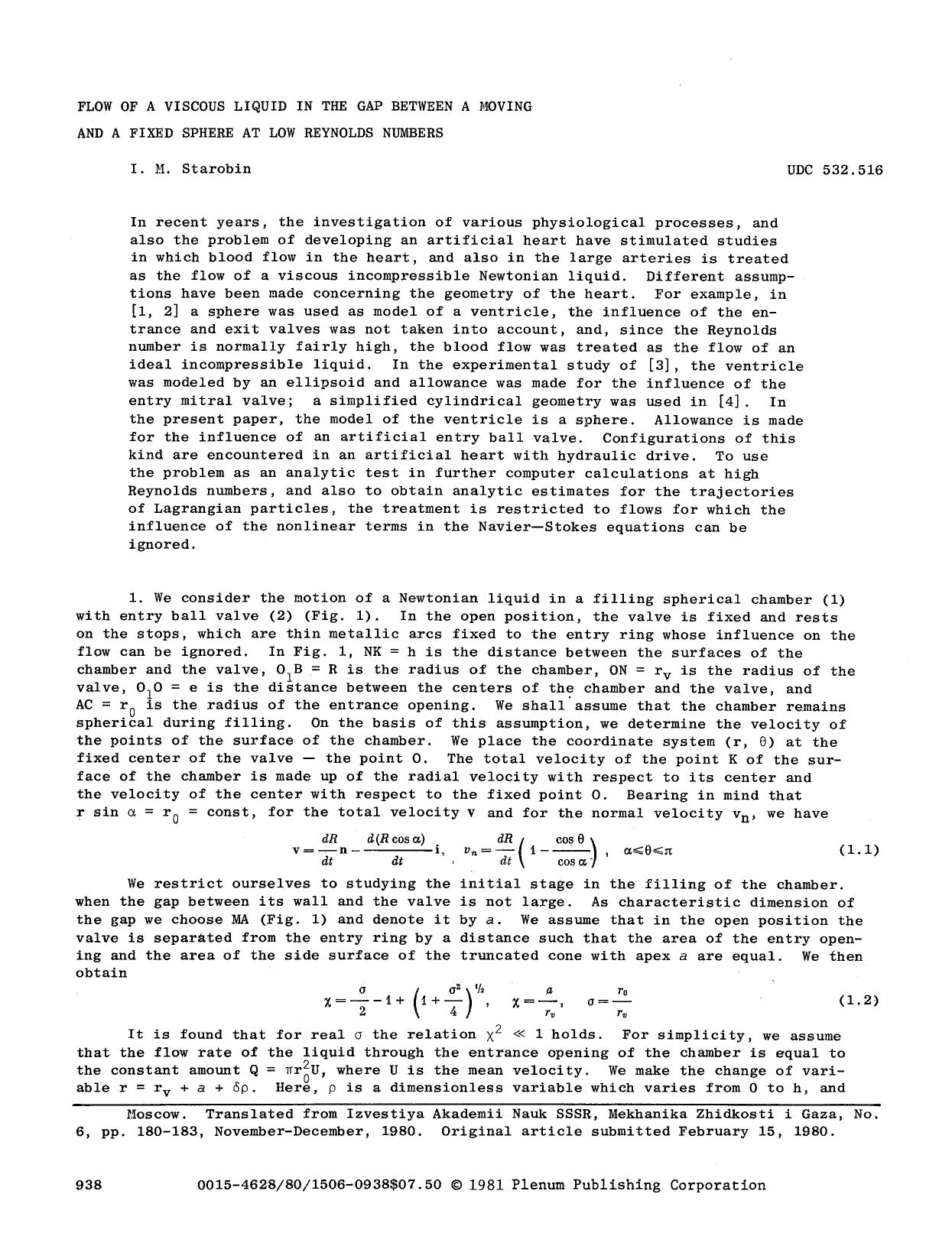 Flow of a viscous liquid in the gap between a moving and a fixed sphere at low reynolds numbers by Unknown
