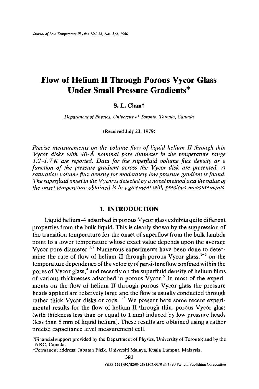 Flow of helium II through porous Vycor glass under small pressure gradients by Unknown