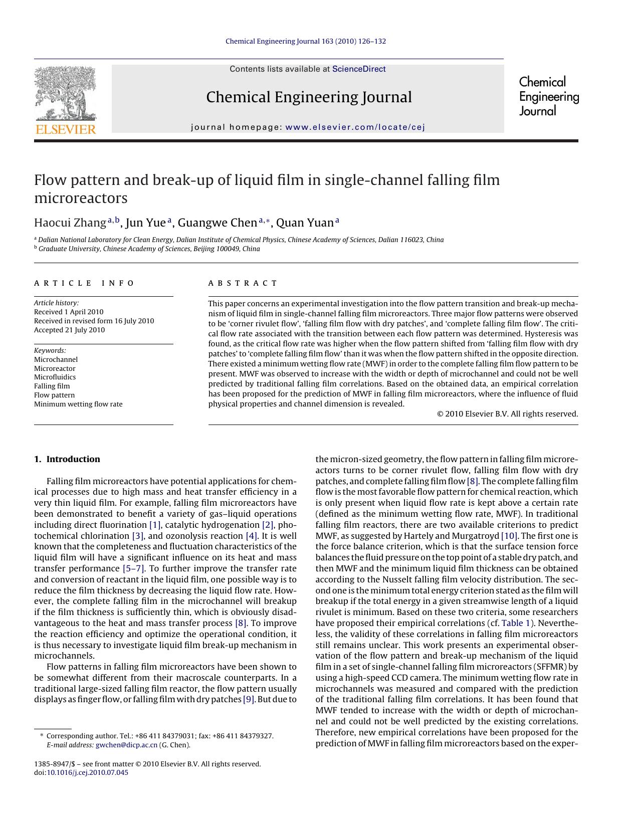 Flow pattern and break-up of liquid film in single-channel falling film microreactors by Haocui Zhang