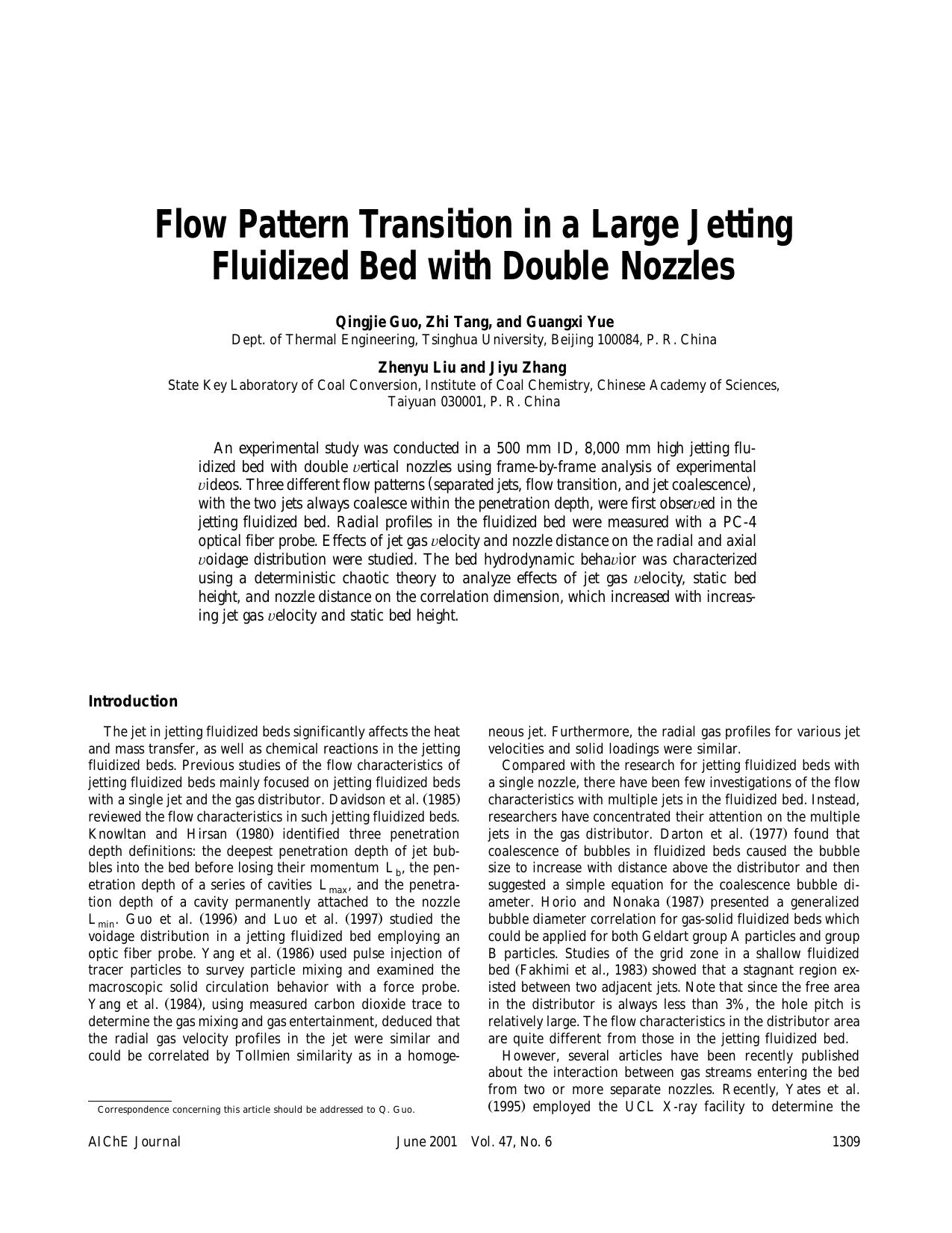 Flow pattern transition in a large jetting fluidized bed with double nozzles by ?