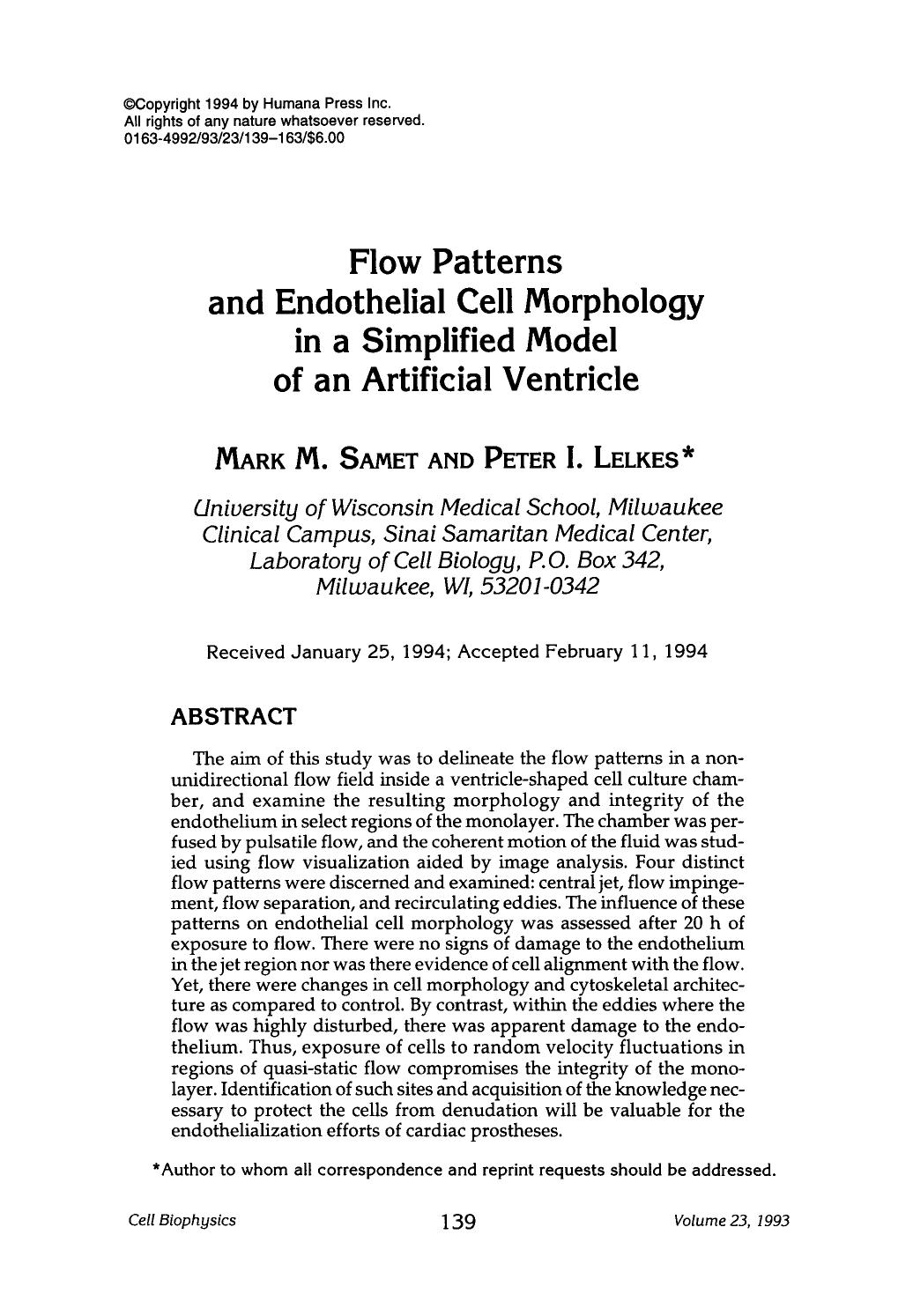 Flow patterns and endothelial cell morphology in a simplified model of an artificial ventricle by Unknown