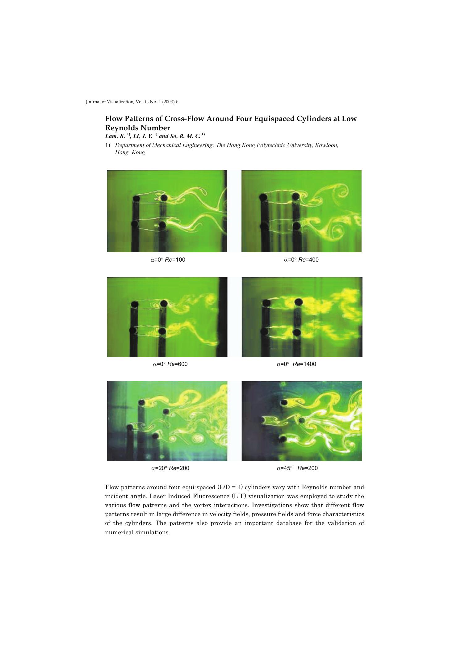 Flow patterns of cross-flow around four equispaced cylinders at low reynolds number by Unknown