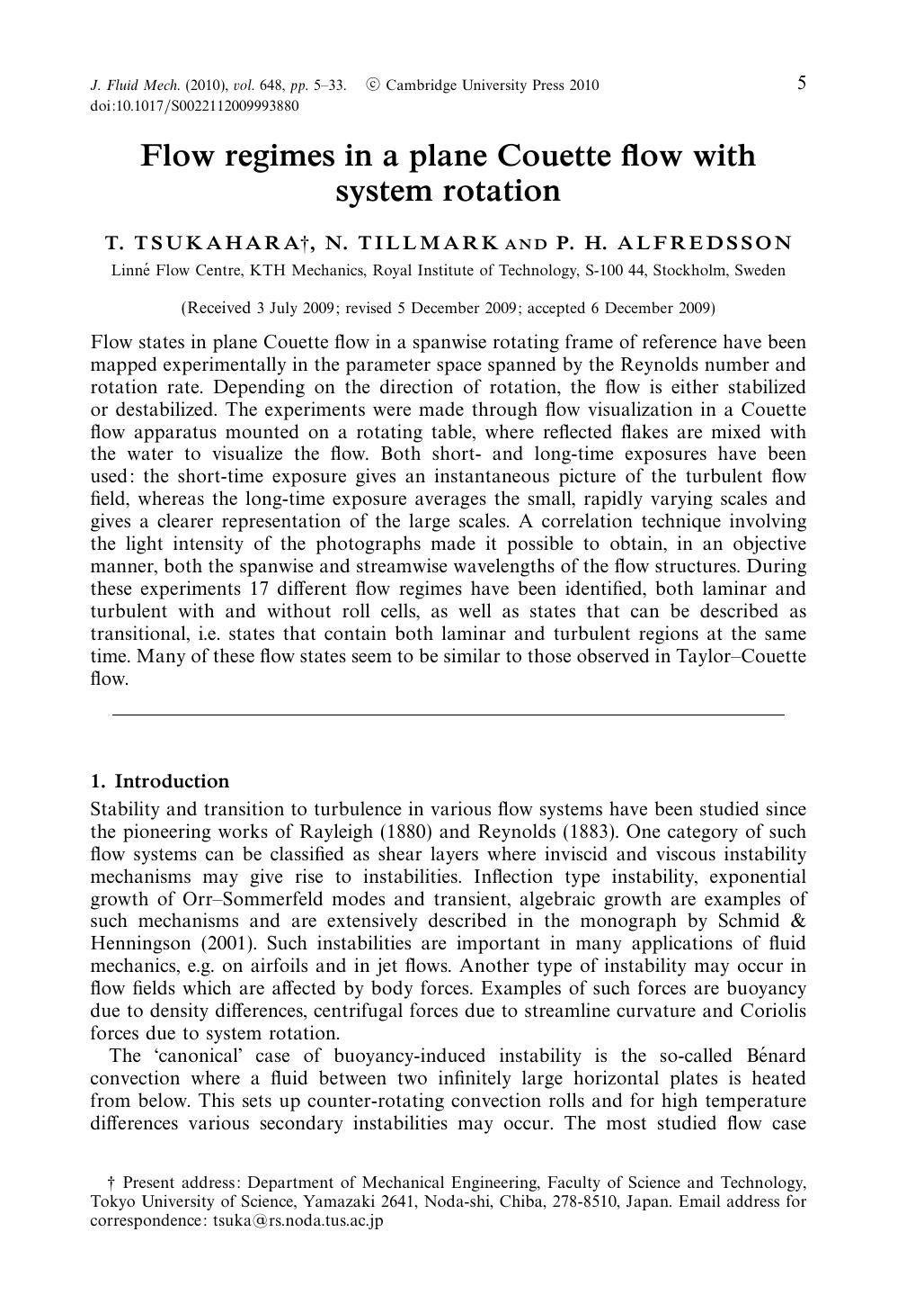 Flow regimes in a plane Couette flow with system rotation by T. TSUKAHARA N. TILLMARK P. H. ALFREDSSON