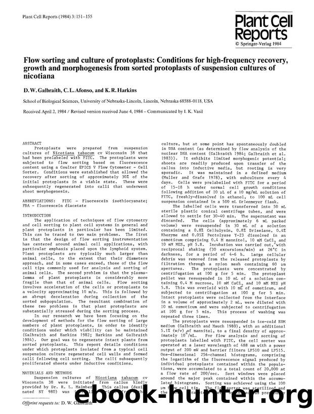 Flow sorting and culture of protoplasts: Conditions for high-frequency recovery, growth and morphogenesis from sorted protoplasts of suspension cultures of nicotiana by Unknown