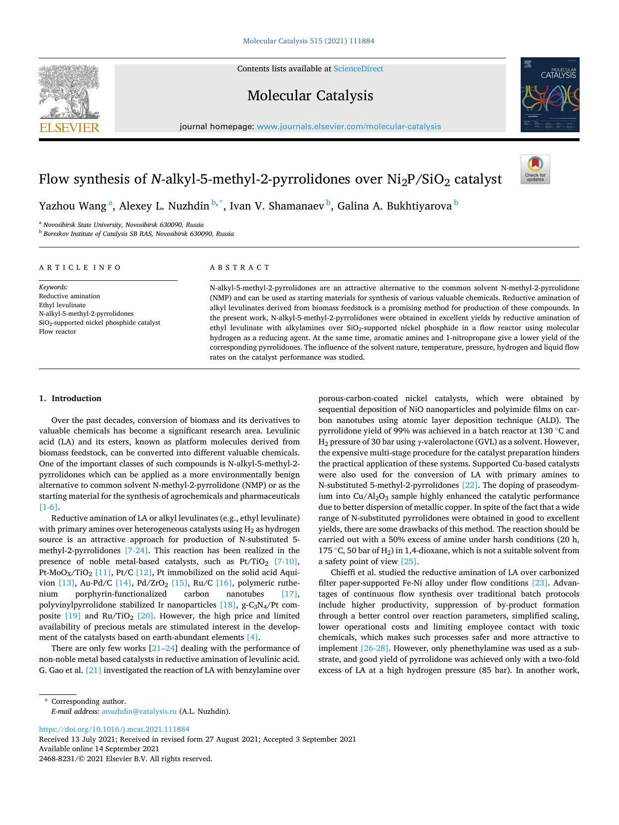 Flow synthesis of N -alkyl-5-methyl-2-pyrrolidones over Ni2PSiO2 catalyst by Yazhou Wang & Alexey L. Nuzhdin & Ivan V. Shamanaev & Galina A. Bukhtiyarova