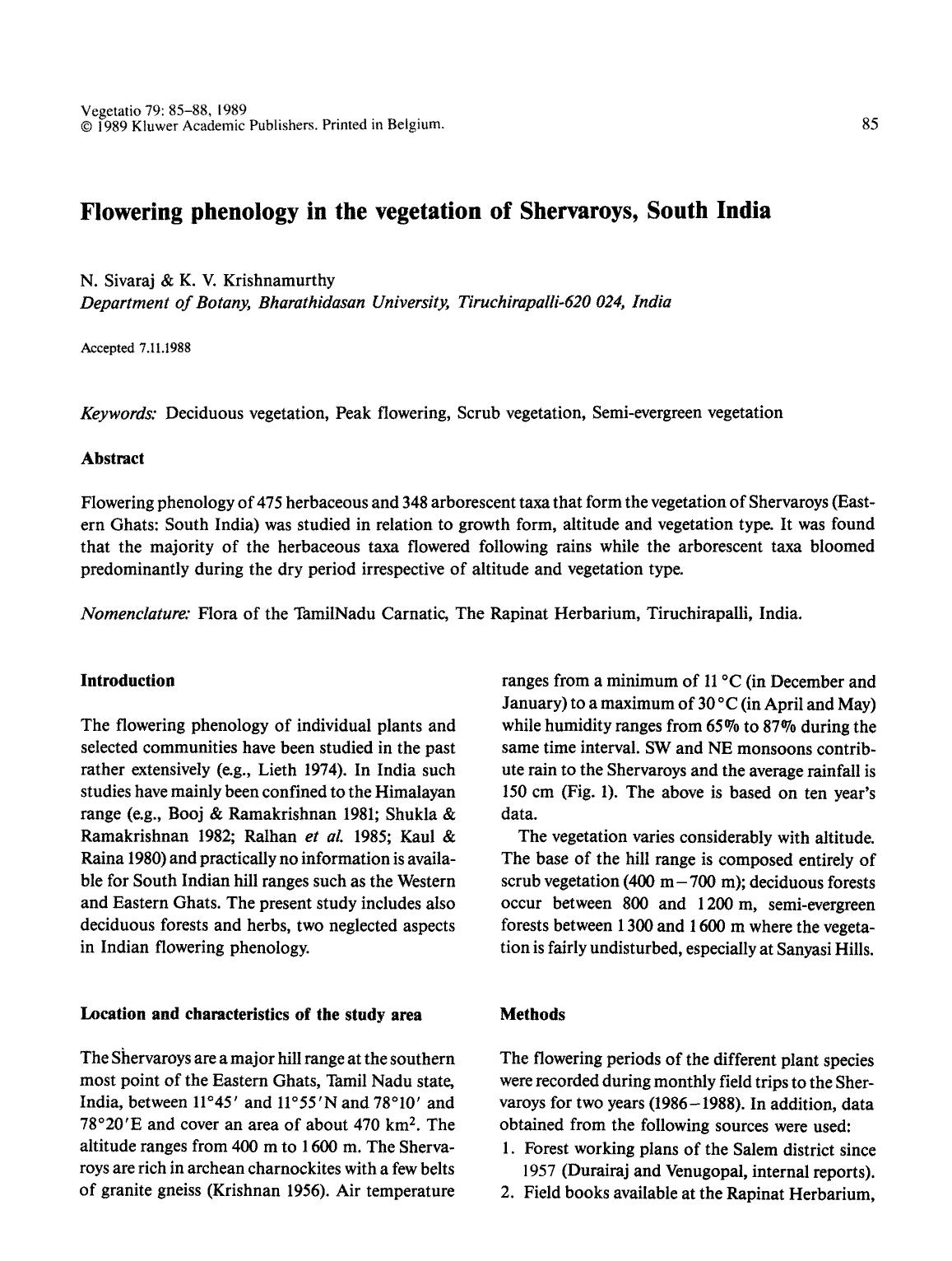 Flowering phenology in the vegetation of Shervaroys, South India by Unknown