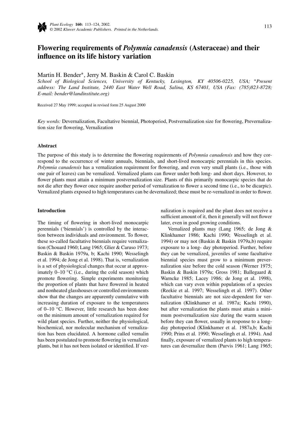Flowering requirements of <Emphasis Type="Italic">Polymnia canadensis<Emphasis> (Asteraceae) and their influence on its life history variation by Unknown