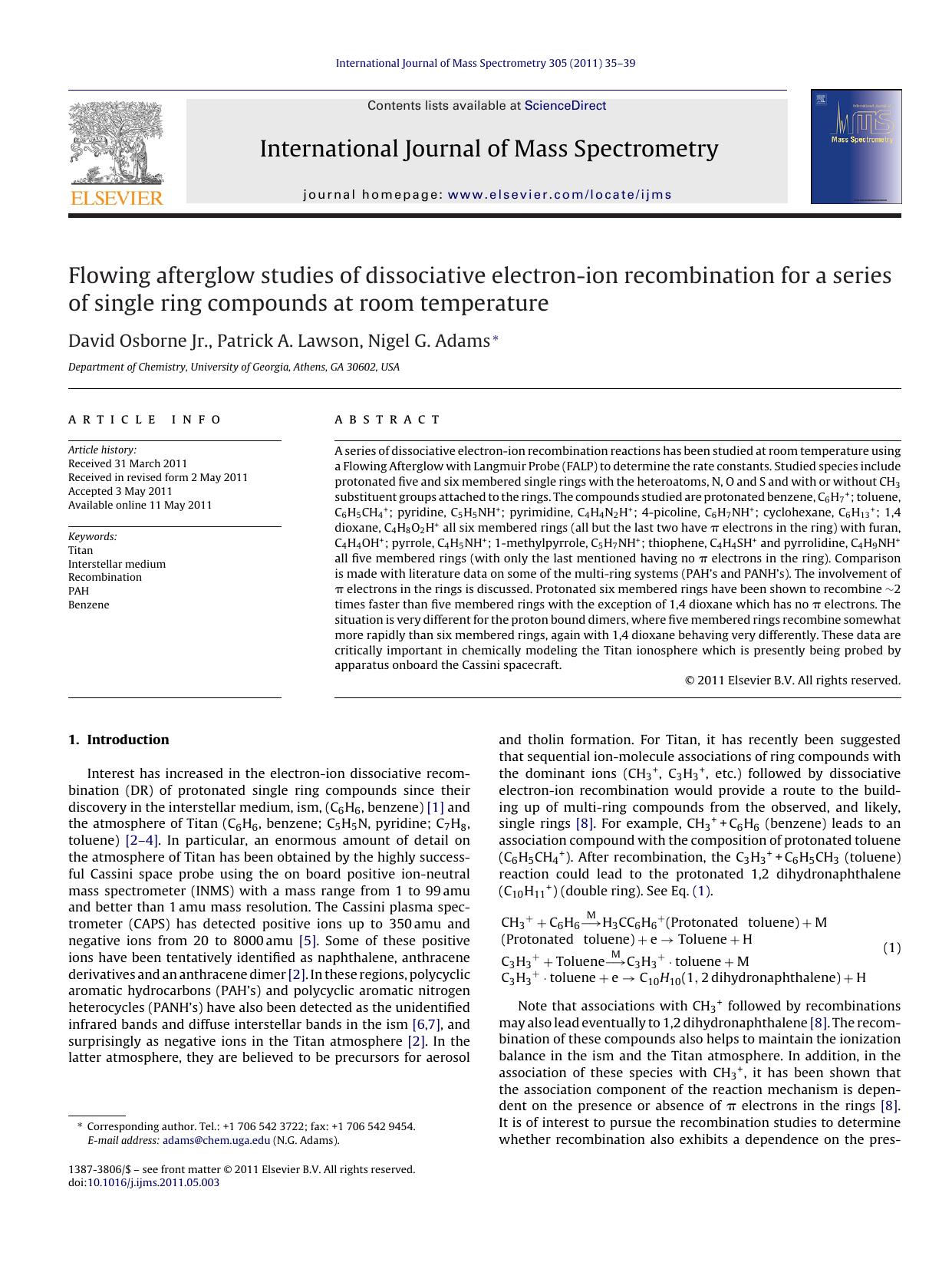 Flowing afterglow studies of dissociative electron-ion recombination for a series of single ring compounds at room temperature by David Osborne Jr