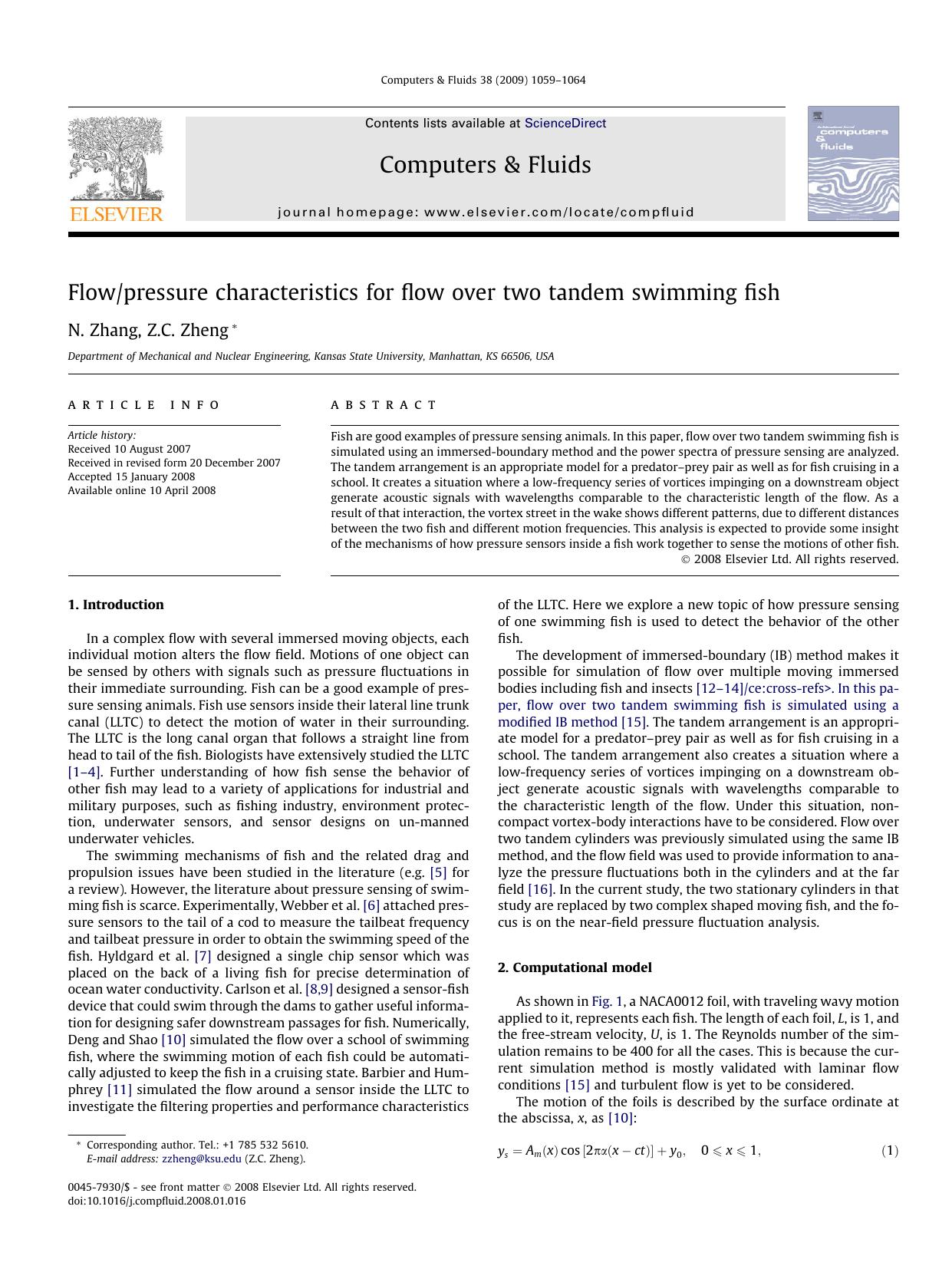 Flowpressure characteristics for flow over two tandem swimming fish by N. Zhang; Z.C. Zheng