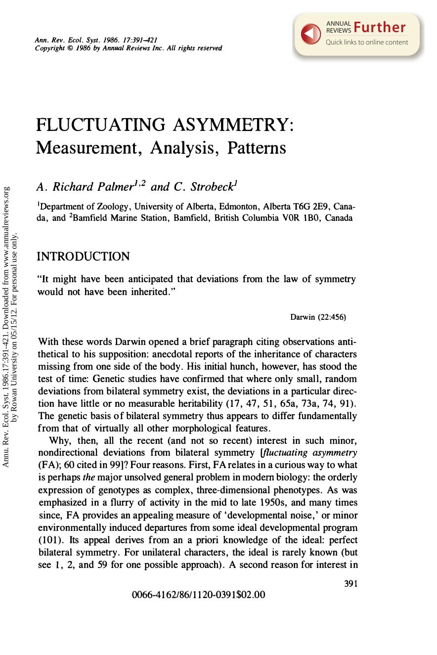 Fluctuating Asymmetry: Measurement, Analysis, Patterns by A R Palmer & and C Strobeck