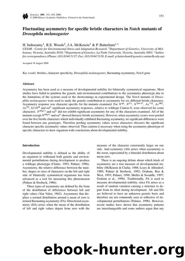 Fluctuating asymmetry for specific bristle characters in Notch mutants of Drosophila melanogaster by Unknown