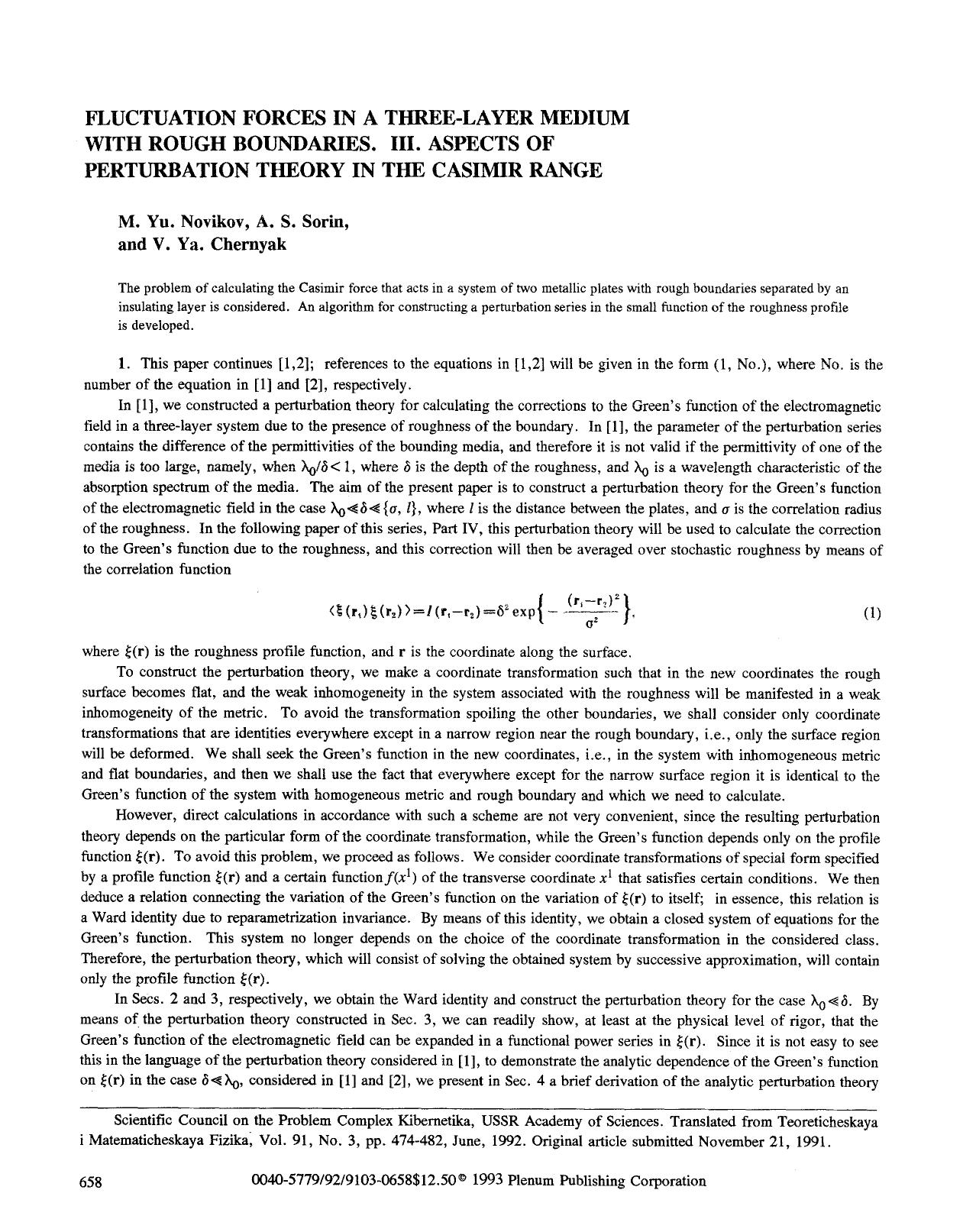 Fluctuation forces in a three-layer medium with rough boundaries. III. Aspects of perturbation theory in the Casimir range by Unknown