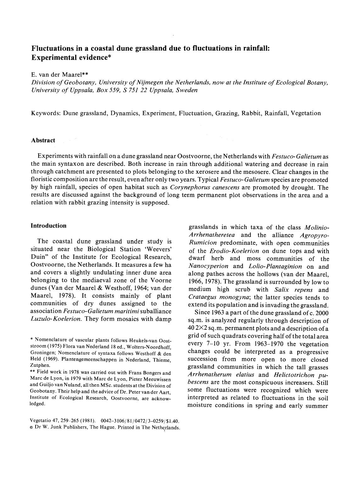 Fluctuations in a coastal dune grassland due to fluctuations in rainfall: Experimental evidence by Unknown