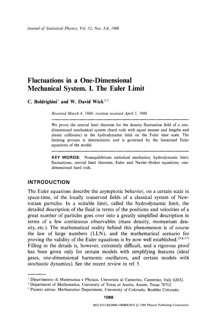 Fluctuations in a one-dimensional mechanical system. I. The Euler limit by Unknown