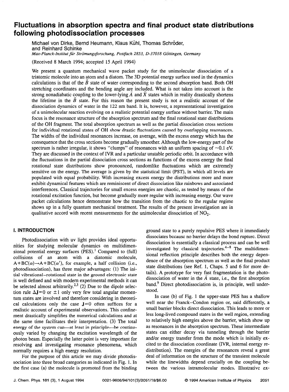 Fluctuations in absorption spectra and final product state distributions following photodissociation processes by Michael von Dirke; Bernd Heumann; Klaus Kuhl; Thomas Schroder; Reinhard Schinke