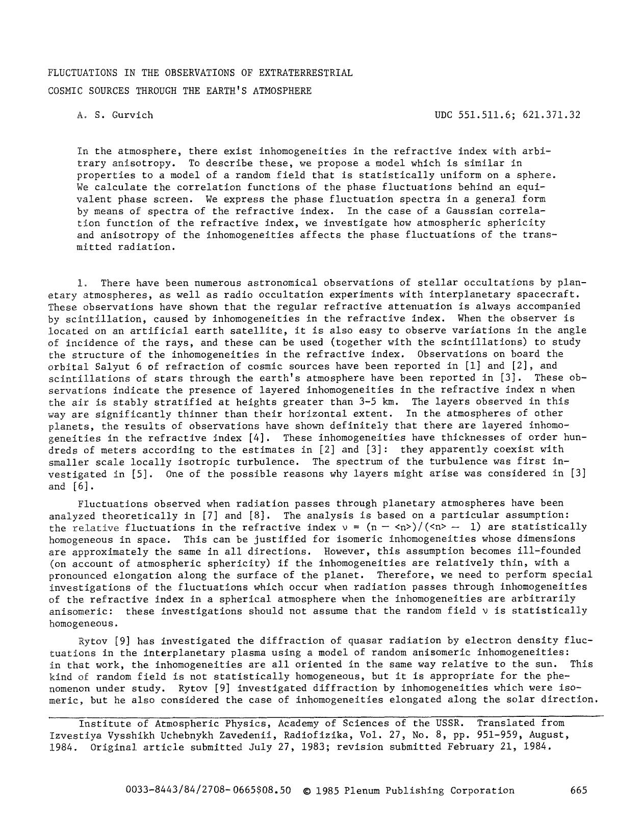 Fluctuations in the observations of extraterrestrial cosmic sources through the earth's atmosphere by Unknown