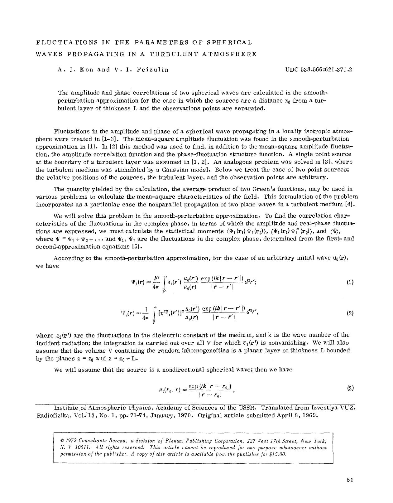 Fluctuations in the parameters of spherical waves propagating in a turbulent atmosphere by Unknown
