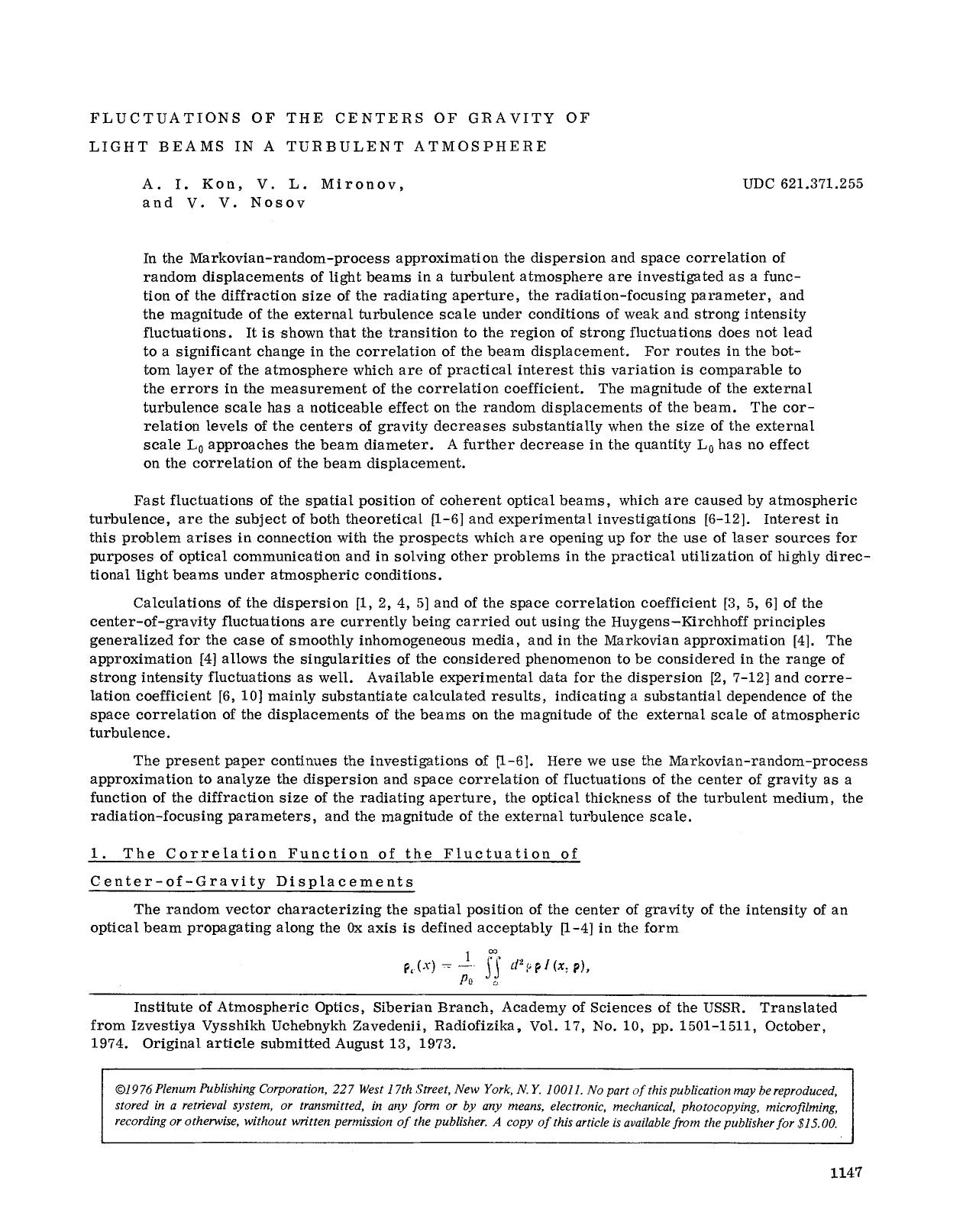 Fluctuations of the centers of gravity of light beams in a turbulent atmosphere by Unknown