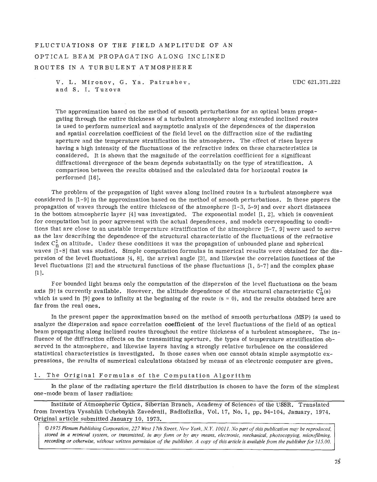 Fluctuations of the field amplitude of an optical beam propagating along inclined routes in a turbulent atmosphere by Unknown