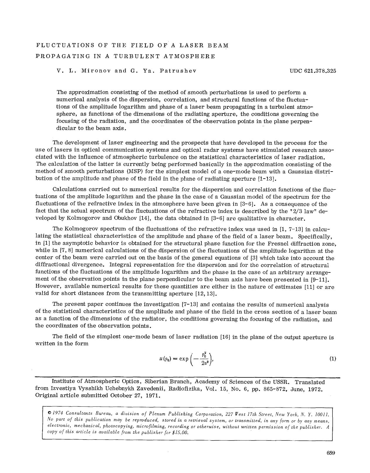 Fluctuations of the field of a laser beam propagating in a turbulent atmosphere by Unknown